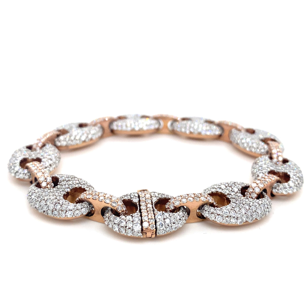 14K Two Tone White & Rose Gold Round & Baguette Gucci Puff Link Diamond Bracelet