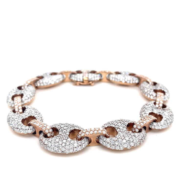 14K Two Tone White & Rose Gold Round & Baguette Gucci Puff Link Diamond Bracelet