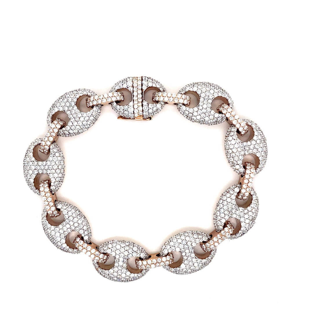 14K Two Tone White & Rose Gold Round & Baguette Gucci Puff Link Diamond Bracelet