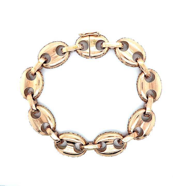 14K Two Tone White & Rose Gold Round & Baguette Gucci Puff Link Diamond Bracelet