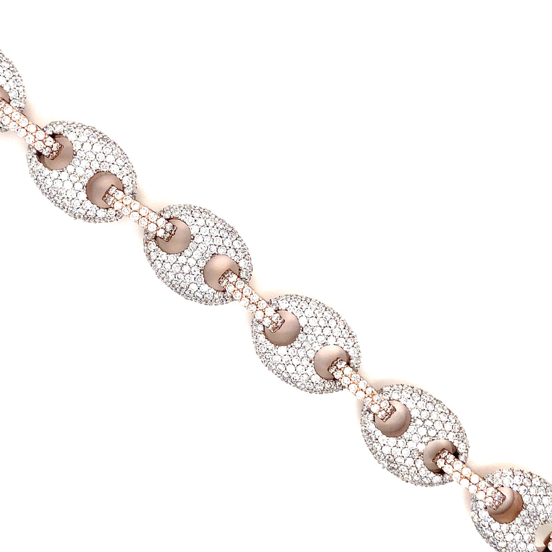 14K Two Tone White & Rose Gold Round & Baguette Gucci Puff Link Diamond Bracelet