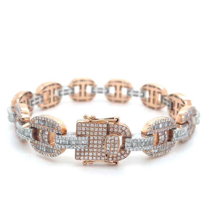 14K Two Tone White & Rose Gold Round & Baguette Gucci Link Diamond Bracelet