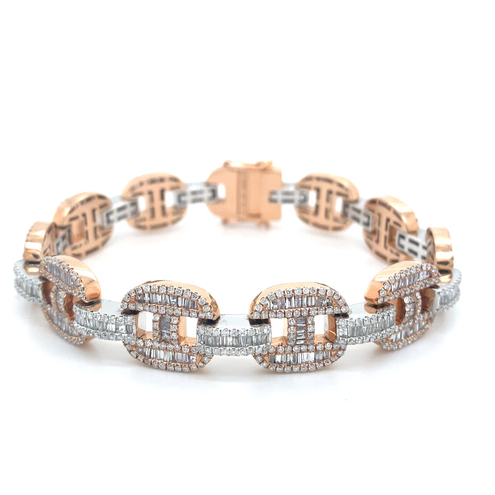 14K Two Tone White & Rose Gold Round & Baguette Gucci Link Diamond Bracelet