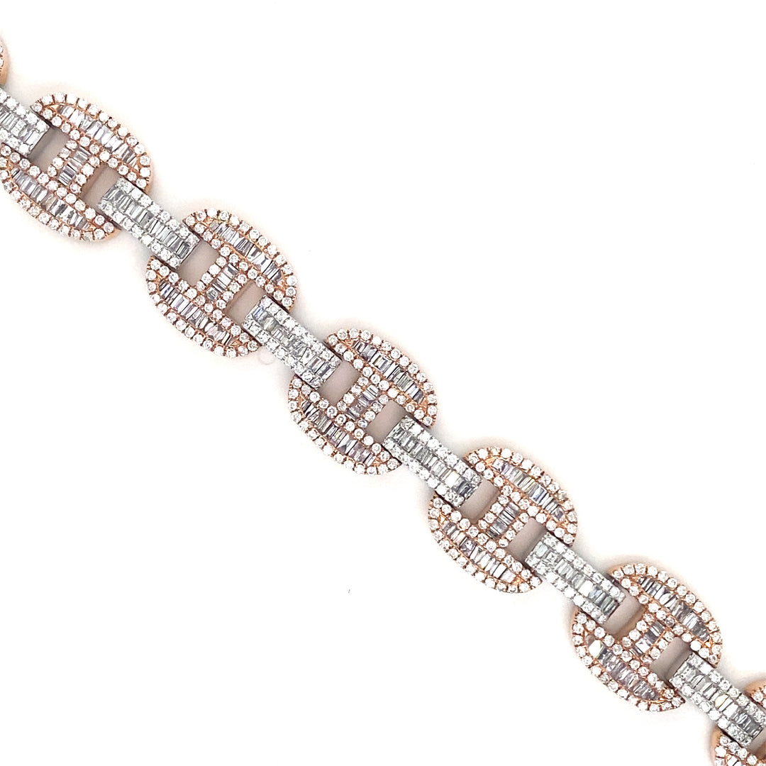 14K Two Tone White & Rose Gold Round & Baguette Gucci Link Diamond Bracelet