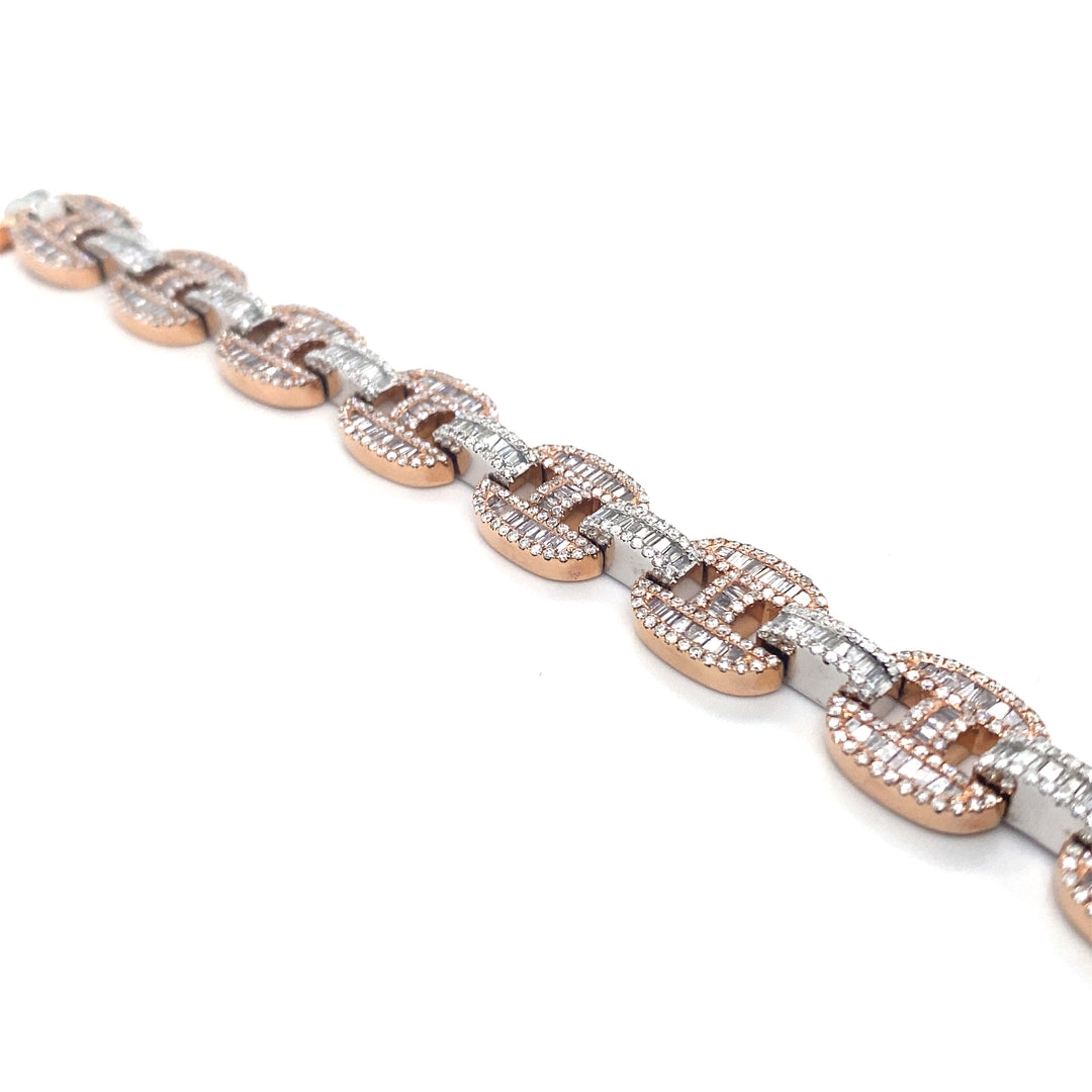 14K Two Tone White & Rose Gold Round & Baguette Gucci Link Diamond Bracelet