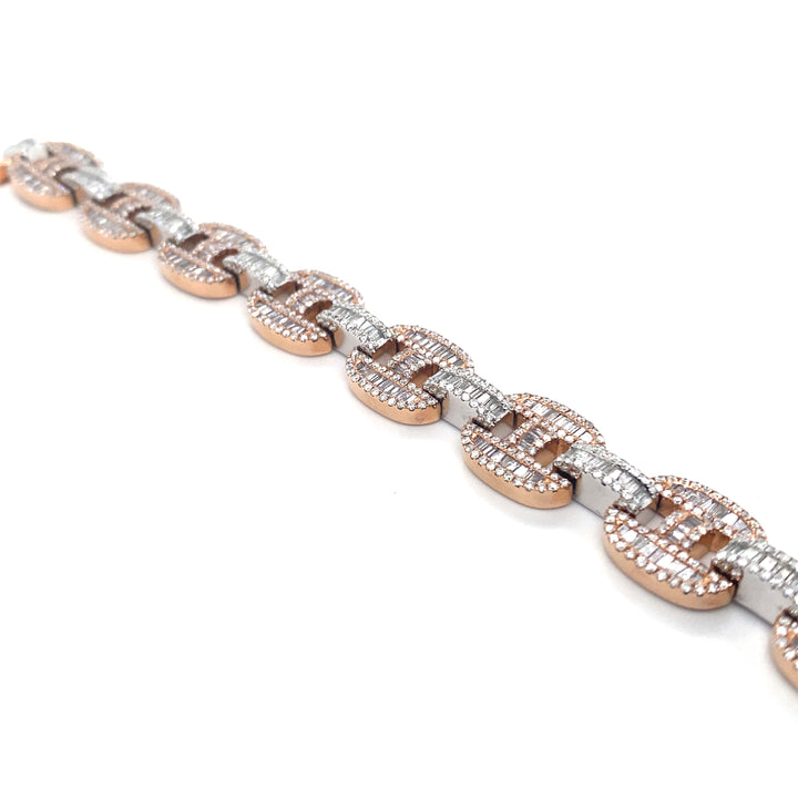 14K Two Tone White & Rose Gold Round & Baguette Gucci Link Diamond Bracelet