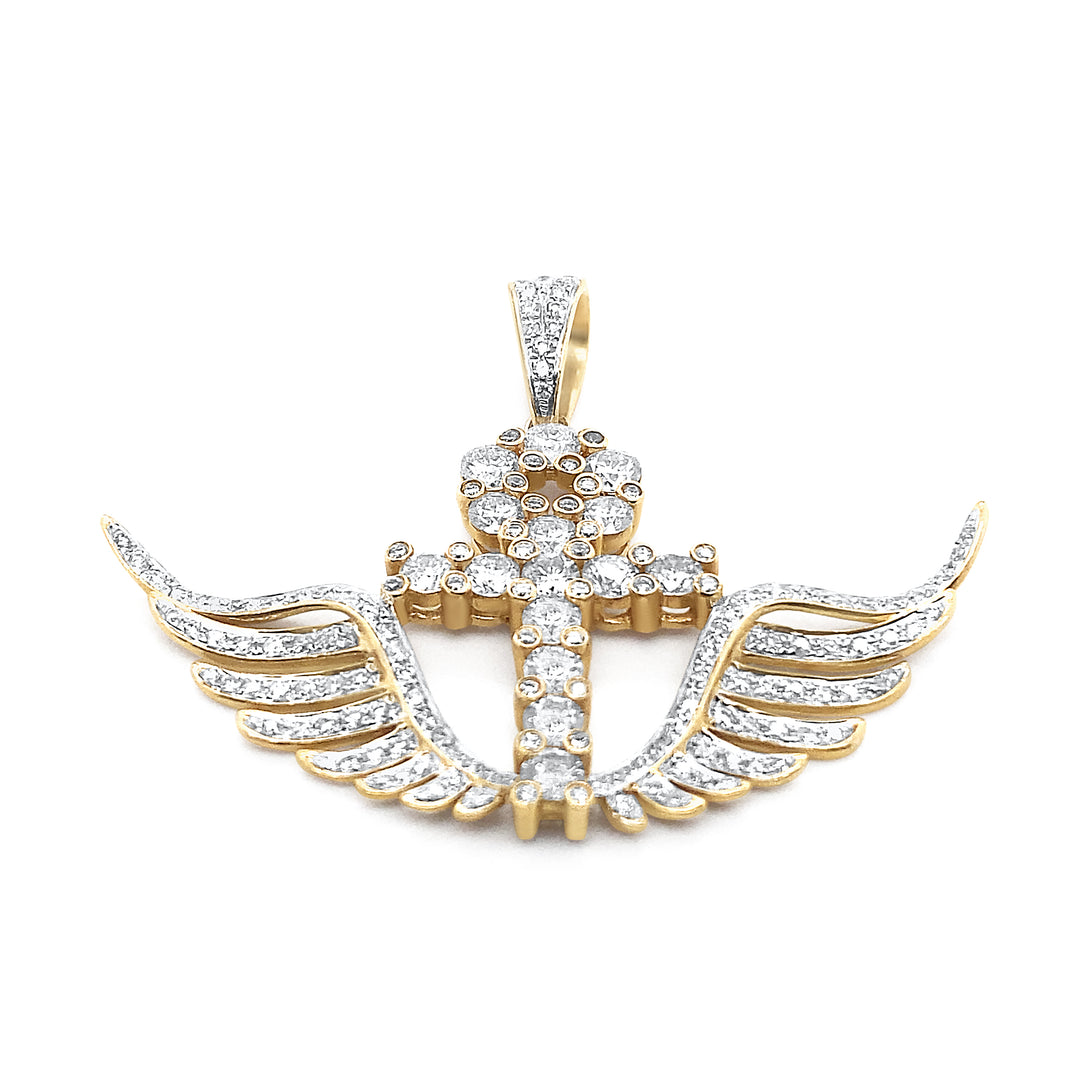 14K Yellow Gold & Diamond Ankh Cross Wing Pendant