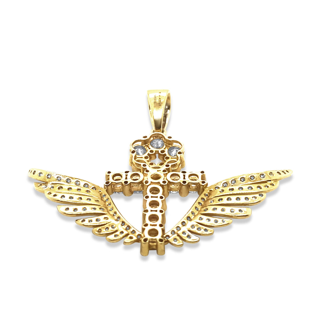 14K Yellow Gold & Diamond Ankh Cross Wing Pendant