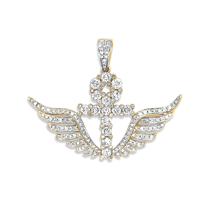 14K Yellow Gold & Diamond Ankh Cross Wing Pendant