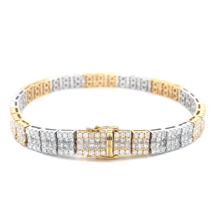 14K Two Tone White & Yellow Gold Round & Princess Cut Diamond Bracelet