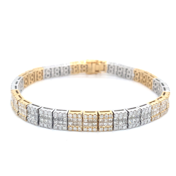 14K Two Tone White & Yellow Gold Round & Princess Cut Diamond Bracelet