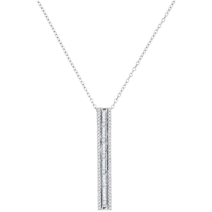 10KT WHITE GOLD ROUND BAGUETTE DIAMOND VERTICAL BAR PENDANT NECKLACE - Saki Diamonds, LLC.