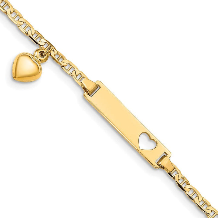 14k Cut-out Heart w/Dangling Heart Children's Anchor Link ID Bracelet - Saki Diamonds, LLC.