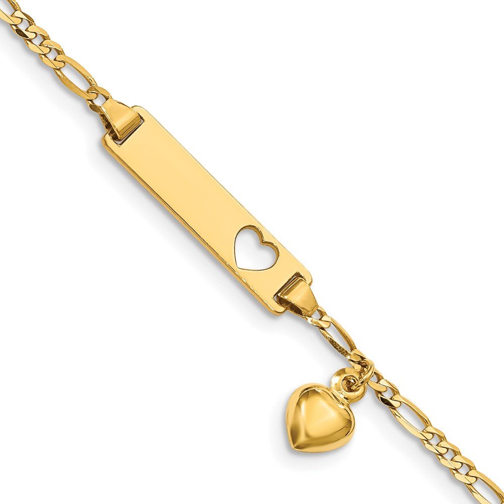 14k Cut-out Heart w/Dangling Heart Children's Figaro Link ID Bracelet - Saki Diamonds, LLC.