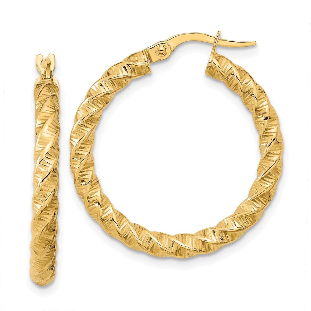 14k Gold Polished 3mm Twisted Hoop Earrings - Saki Diamonds, LLC.