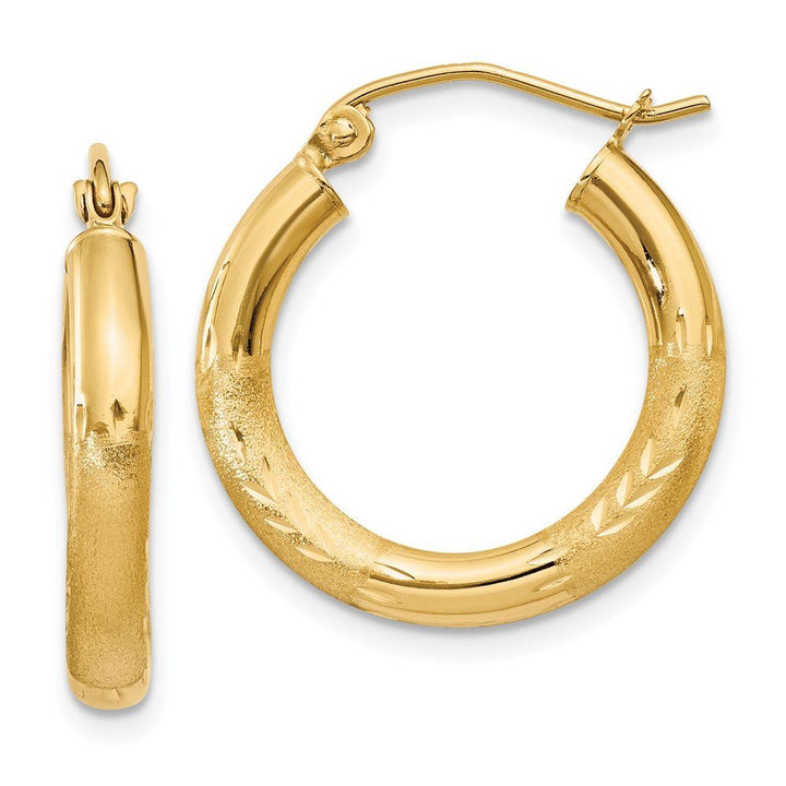 14k Satin and Diamond-cut 3mm Round Hoop Earrings - Saki Diamonds, LLC.