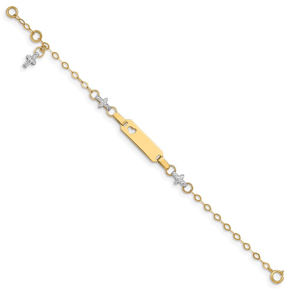 14k Two-tone Baby Polished and Textured Cross w/1in ext. ID Bracelet - Saki Diamonds, LLC.