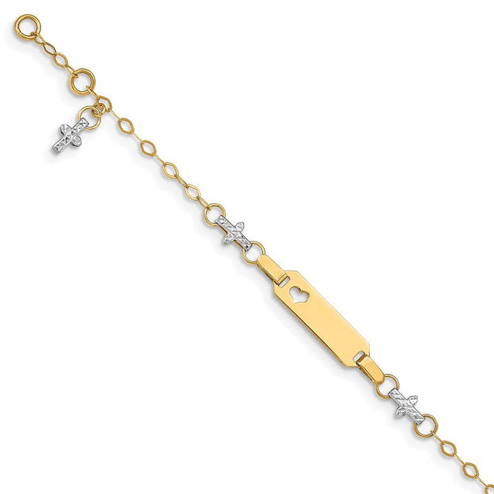 14k Two-tone Baby Polished and Textured Cross w/1in ext. ID Bracelet - Saki Diamonds, LLC.