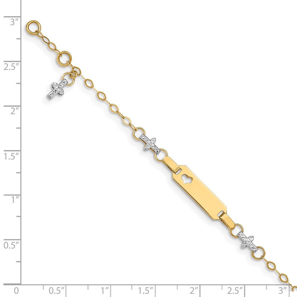 14k Two-tone Baby Polished and Textured Cross w/1in ext. ID Bracelet - Saki Diamonds, LLC.