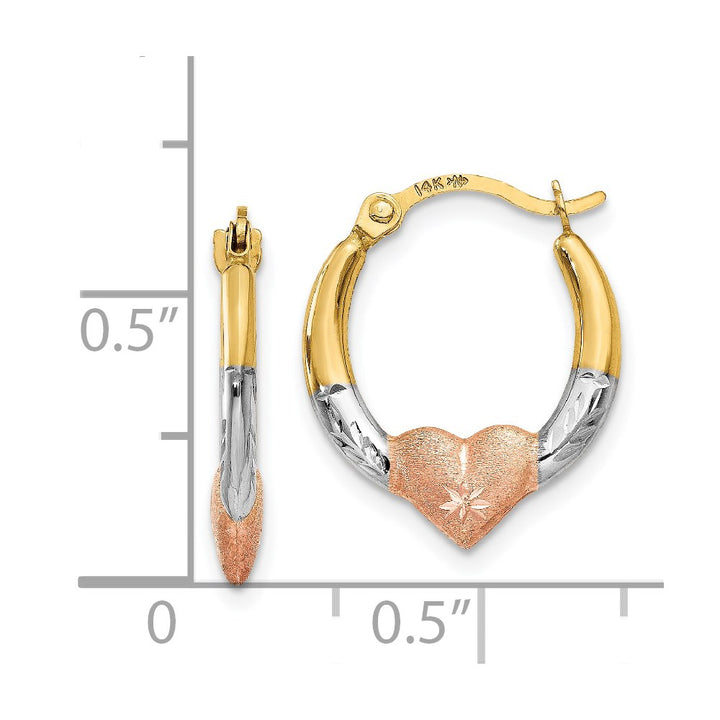 14K Tri-Tone Heart Hoop Earrings